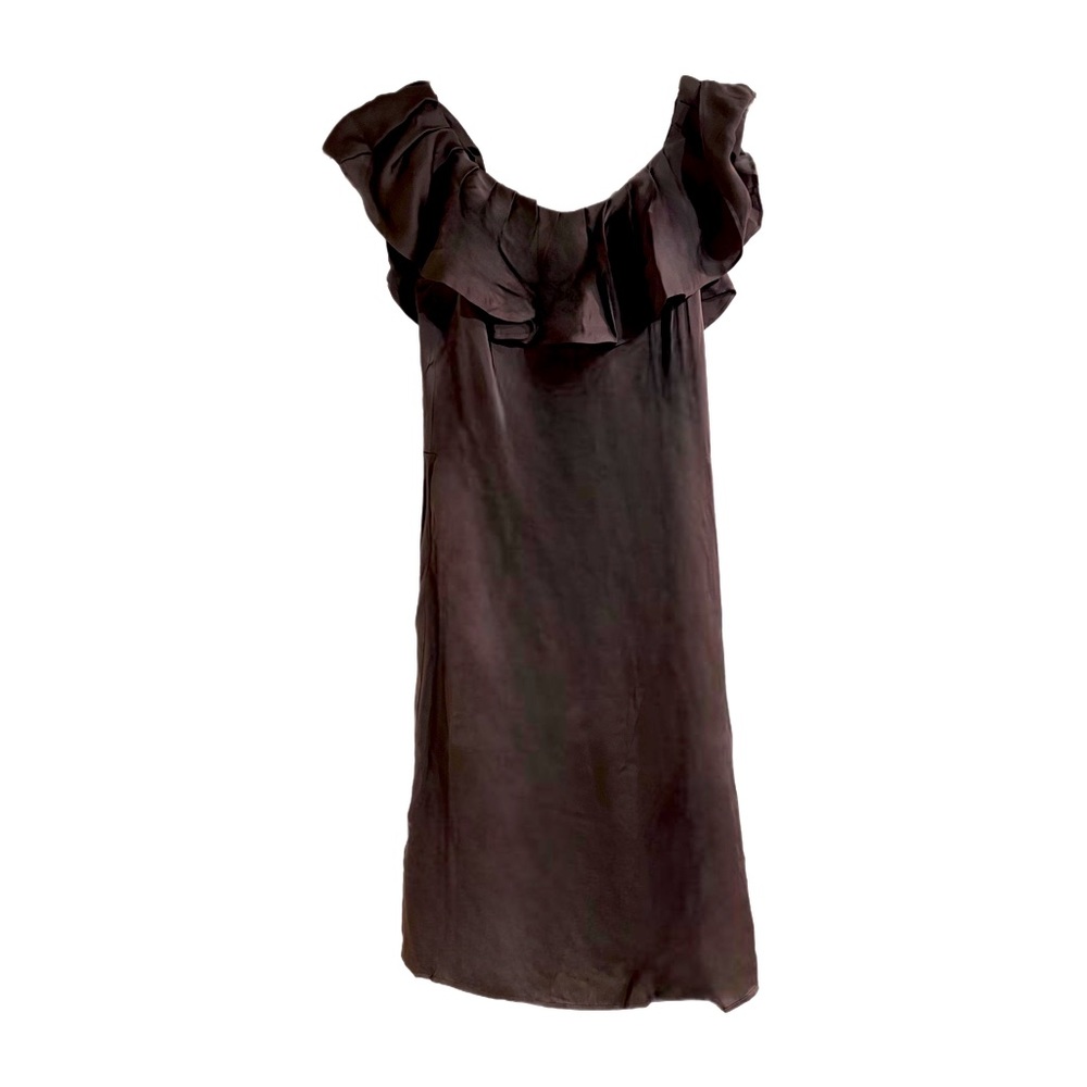 Banana Republic Sz 2 Dark Brown Silk Dress With Ruffled Collar - BEAUTIFUL
